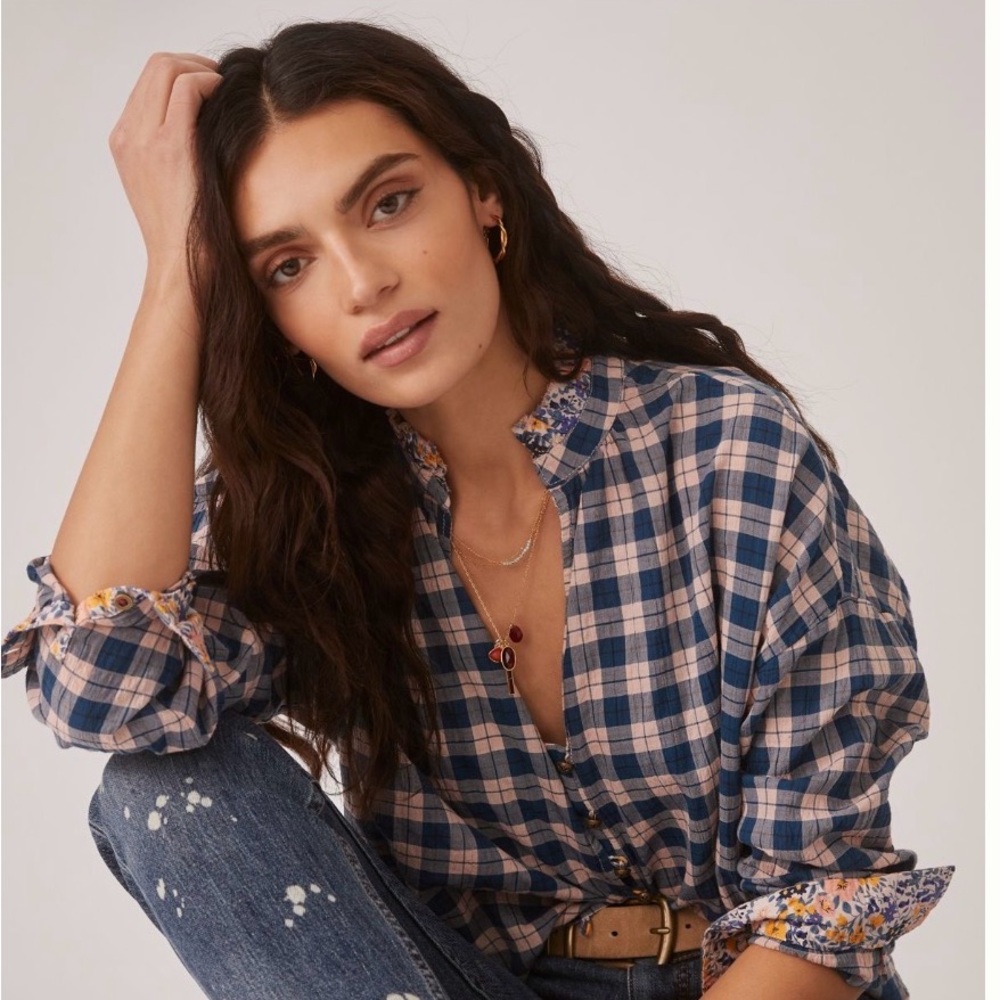 Anthropologie Blue and Pink Plaid Blouse